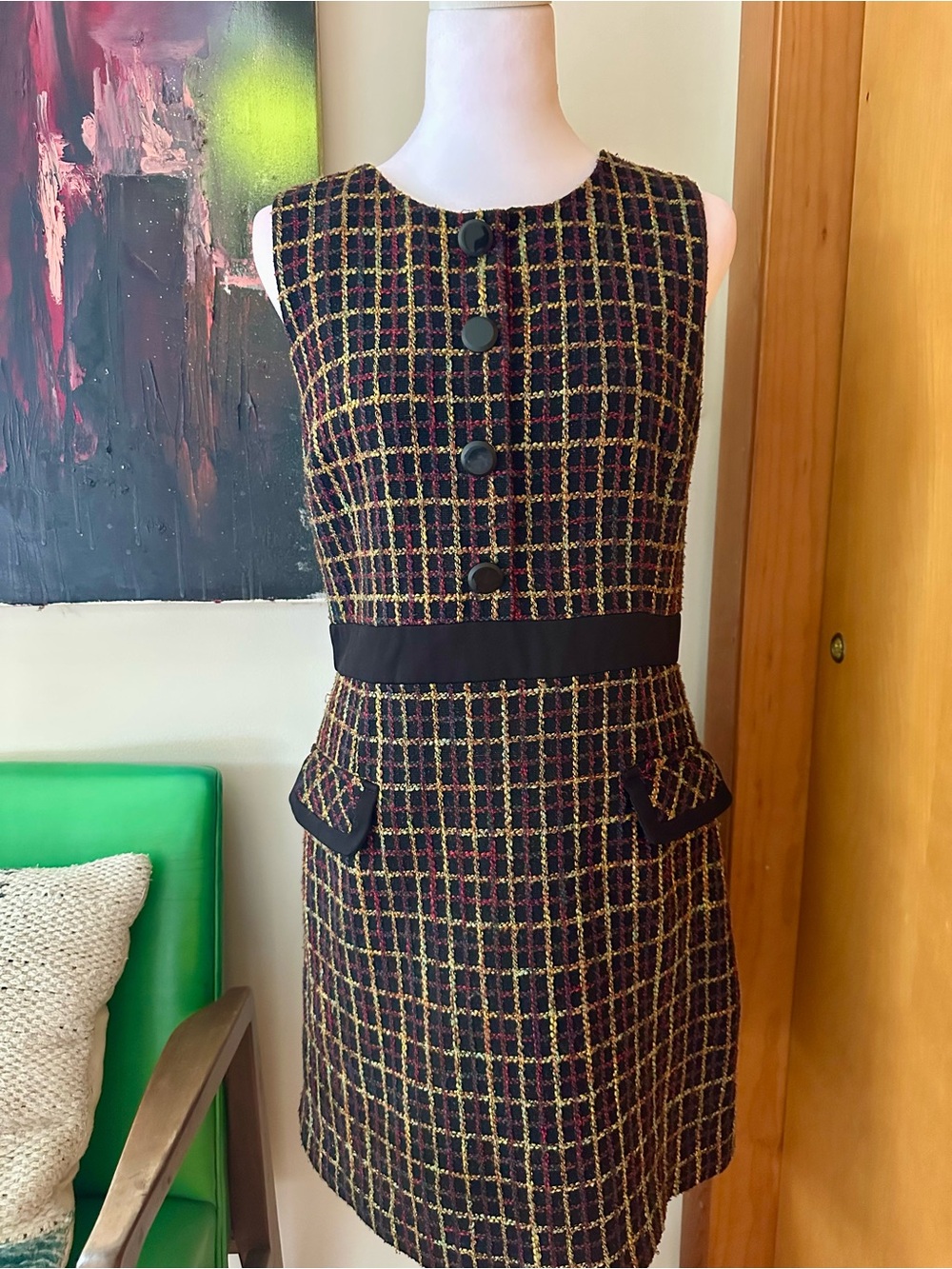Slate & Willow Black Tweed Mini Dress with Gold and Burgundy Check